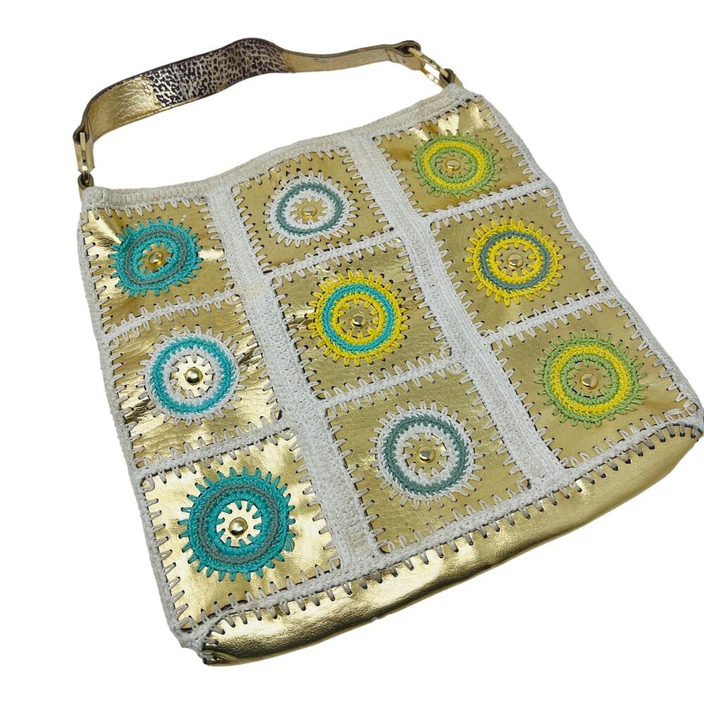 Hot Kiss Crochet Square Shoulder Bag Gold Grandma